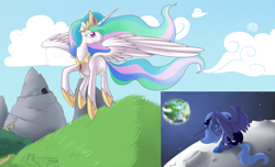 Size: 1212x735 | Tagged: safe, artist:tenchi-outsuno, princess celestia, princess luna, alicorn, pony, crying, duo, duo female, female, flying, looking back, mare, moon, princess, s1 luna, sisters