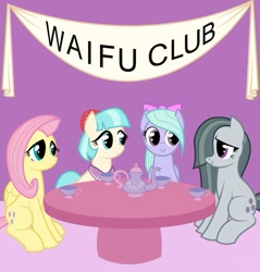 Size: 873x915 | Tagged: safe, artist:jonerico, coco pommel, flitter, fluttershy, marble pie, pegasus, pony, banner, looking at each other, sitting, smiling, table, tea party, teacup, teapot, the council of shy ponies, waifu