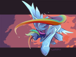 Size: 1600x1202 | Tagged: safe, artist:tyuubatu, rainbow dash, pegasus, pony, flying, rear view, serious, serious face, signature, solo, spread wings, underhoof