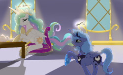 Size: 1225x743 | Tagged: safe, artist:php44, artist:tenchi-outsuno, princess celestia, princess luna, alicorn, pony, bed mane, duo, duo female, female, mare, messy mane, s1 luna, sisters, teapot