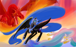 Size: 1340x832 | Tagged: safe, artist:rubrony, nightmare moon, princess celestia, alicorn, dragon, pony, armor, ethereal mane, female, fight, fire, fire breath, hoof shoes, mare, on side, princess, protecting, sisters