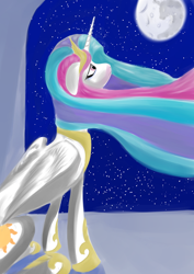 Size: 724x1024 | Tagged: safe, artist:rubrony, princess celestia, alicorn, pony, female, floppy ears, looking up, mare, mare in the moon, moon, night, peytral, princess, sad, sitting, solo, stars