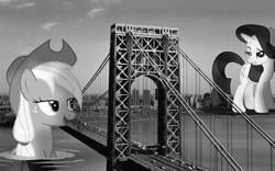 Size: 1920x1200 | Tagged: safe, artist:kishmond, artist:somerandomminion, artist:xpesifeindx, applejack, rarity, earth pony, pony, giant pony, giantess, irl, macro, monochrome, new york, new york city, photo, ponies in real life, vector