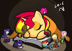 Size: 1254x890 | Tagged: safe, artist:rvceric, applejack, fluttershy, pinkie pie, rainbow dash, rarity, sunset shimmer, twilight sparkle, pony, unicorn, equestria girls, book, chibi, clothes, doll, equestria girls minis, mane six, micro, skirt, sleeping, snot bubble, tanktop, toy