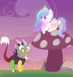 Size: 1700x1800 | Tagged: safe, artist:pigzfairy, discord, princess celestia, alicorn, draconequus, pony, all fours, blushing, chibi, dislestia, duo, female, giant mushroom, grin, male, mare, micro, mushroom, prone, shipping, smallestia, smiling, straight