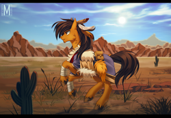 Size: 1300x898 | Tagged: safe, artist:margony, oc, oc only, cactus, clothes, desert, feather, grass, mountain, scenery, solo