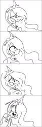 Size: 800x2400 | Tagged: safe, artist:that-technique, princess celestia, human, comic, female, hair over one eye, humanized, laughing, monochrome, princess, solo