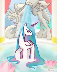 Size: 2400x3000 | Tagged: safe, artist:howxu, princess celestia, alicorn, pony, bath, cute, cutelestia, female, high res, looking at you, lotus flowers, mare, shower, solo, statue, wet mane