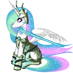 Size: 1000x1000 | Tagged: safe, artist:cheshiresdesires, princess celestia, alicorn, pony, armor, crossover, female, mare, monster hunter, mouth hold, simple background, sitting, solo, sword, transparent background, weapon