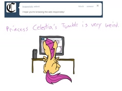 Size: 1600x1200 | Tagged: safe, princess celestia, scootaloo, alicorn, pegasus, pony, computer, female, filly, monitor, princess molestia, rear view, sitting, solo