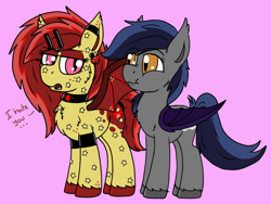 Size: 1280x960 | Tagged: safe, artist:php62, oc, oc only, oc:echo, oc:ruby splash, bat pony, pony, armband, chest fluff, choker, dialogue, eyeshadow, freckles, gold star, hairclip, lidded eyes, looking at each other, makeup, puffy cheeks, spread wings, unamused