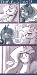 Size: 550x1105 | Tagged: safe, artist:johnjoseco, princess celestia, princess luna, alicorn, pony, ask princess molestia, bed, comic, duo, duo female, female, mare, monochrome, pillow, princess molestia, shocked