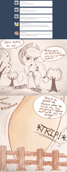 Size: 1280x3294 | Tagged: safe, artist:ncmares, applejack, earth pony, pony, ask, big-apple-pony, fence, giant pony, macro, silly, silly pony, solo, this will end in destruction, this will end in tears, this will not end well, trip, tumblr, uh oh, who's a silly pony