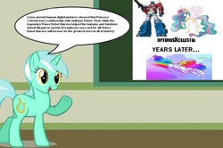 Size: 886x588 | Tagged: safe, lyra heartstrings, princess celestia, alicorn, pony, unicorn, chalkboard, female, human studies101 with lyra, lyra got it right, mare, meme, optilestia, optimus prime, robot unicorn attack, transformers