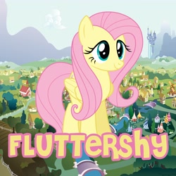 Size: 5000x5000 | Tagged: safe, artist:1nsp1r, fluttershy, pegasus, pony, absurd resolution, folded wings, giant pony, macro, name, ponyville, solo, standing