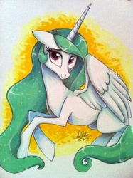 Size: 478x640 | Tagged: safe, artist:awesomecoolwhip, princess celestia, alicorn, pony, abstract background, cute, cutelestia, female, floppy ears, mare, solo, traditional art