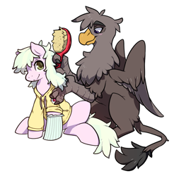 Size: 800x813 | Tagged: safe, artist:kilo, oc, oc only, oc:harpy, oc:loveshy, griffon, blushing, brush, brushie, griffon oc, grooming, sock