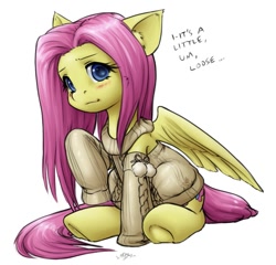 Size: 899x864 | Tagged: safe, artist:alloyrabbit, fluttershy, pegasus, pony, blue eyes, blushing, bottomless, clothes, compa sweater, cute, digital art, ear fluff, female, leg warmers, light yellow sweater, looking at you, macro, mare, off shoulder, off shoulder sweater, partial nudity, pink hair, pink mane, pink tail, pom pom (clothes), raised hoof, simple background, sitting, solo, sweater, sweatershy, text, underhoof, white background, yellow coat, yellow sweater