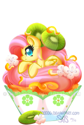 Size: 400x596 | Tagged: safe, artist:bamboodog, part of a set, fluttershy, pegasus, pony, cupcake, food, micro, ponies in food, solo, tiny, watermark