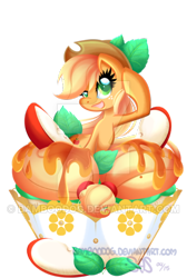 Size: 400x596 | Tagged: safe, artist:bamboodog, part of a set, applejack, earth pony, pony, applejack's hat, cupcake, female, food, freckles, mare, micro, ponies in food, simple background, smiling, solo, tiny, transparent background, watermark