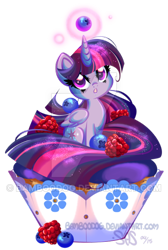 Size: 400x596 | Tagged: safe, artist:bamboodog, part of a set, twilight sparkle, twilight sparkle (alicorn), alicorn, pony, cupcake, female, food, mare, micro, ponies in food, solo, tiny, twiny, watermark