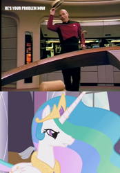 Size: 694x999 | Tagged: safe, discord, princess celestia, human, disqord, irl, jean-luc picard, patrick stewart, photo, q, star trek, trolled