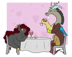 Size: 2400x1900 | Tagged: safe, artist:queenfrau, discord, oc, oc:queen frau, draconequus, earth pony, pony, alcohol, candle, canon x oc, crack shipping, date, fat, heart, romantic, shipping, table, wine