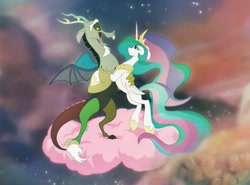 Size: 889x657 | Tagged: safe, artist:anima-dos, discord, princess celestia, alicorn, draconequus, pony, all dogs go to heaven, cloud, cloudy, cute, cutelestia, discute, dislestia, don bluth, female, interspecies, male, shipping, stars, straight