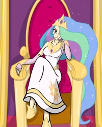 Size: 1024x1280 | Tagged: safe, artist:kreoss, princess celestia, clothes, female, humanized, skinny, solo, throne, throne slouch