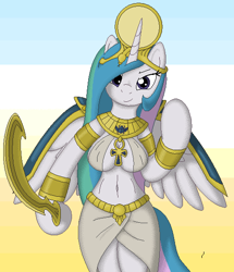 Size: 485x563 | Tagged: safe, artist:tg-0, princess celestia, alicorn, anthro, unguligrade anthro, absolute cleavage, arm hooves, bocas top, breasts, cleavage, clothes, curvy, egyptian, female, khopesh, mare, princess, skirt, solo, sword, weapon