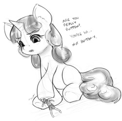 Size: 737x727 | Tagged: safe, artist:alloyrabbit, button mash, sweetie belle, human, dialogue, humanized, micro, monochrome, pushing, sitting, sketch