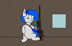 Size: 5208x3333 | Tagged: safe, artist:melon frost, oc, oc only, oc:sapphire sights, pegasus, pony, absurd resolution, female, gun, hooves, inside building, m98b barret, mare, optical sight, piercing, rifle, simple background, sitting, sniper, sniper rifle, solo, weapon, window, wings