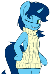 Size: 2018x2996 | Tagged: safe, artist:neoncel, oc, oc only, oc:sweet cakes, pony, unicorn, backless, clothes, female, mare, one eye closed, open-back sweater, simple background, sleeveless sweater, smiling, solo, sweater, transparent background, virgin killer sweater, wink
