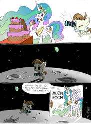 Size: 804x1100 | Tagged: safe, artist:kturtle, featherweight, princess celestia, alicorn, pegasus, pony, bait and switch, cake, cakelestia, moon, moon room, room, time out, to the moon