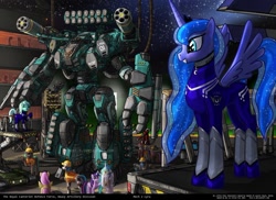 Size: 1024x747 | Tagged: safe, artist:foxi-5, fluttershy, lyra heartstrings, princess celestia, princess luna, twilight sparkle, alicorn, pegasus, pony, artillery, giant robot, mecha