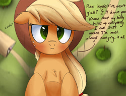 Size: 2420x1841 | Tagged: safe, artist:ncmares, applejack, earth pony, pony, big-apple-pony, dialogue, falling, floppy ears, frown, giantess, macro, solo, toilet humor