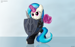 Size: 2560x1600 | Tagged: safe, artist:ashtoneer, dj pon-3, vinyl scratch, pony, unicorn, armor, bipedal, female, glowing horn, hooves, horn, levitation, magic, mare, reflection, shield, solo, sunglasses, sword, telekinesis, weapon