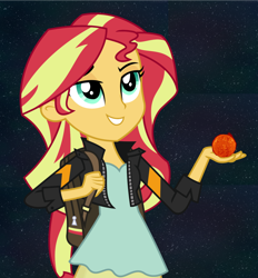 Size: 950x1024 | Tagged: safe, artist:sketchmcreations, sunset shimmer, equestria girls, bedroom eyes, catasterism, fiery shimmer, giantess, grin, macro, raised eyebrow, simple background, smiling, solo, space, stars, sun, sunshine shimmer, transparent background