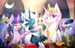 Size: 3280x2106 | Tagged: safe, artist:magnaluna, princess celestia, princess luna, twilight sparkle, alicorn, earth pony, pony, unicorn, alcohol, alternate design, alternate hair color, apple, banana, celebration, chest fluff, colored pupils, ear fluff, food, fruit, glass, grapes, indoors, looking at you, moon, night, pink-mane celestia, royal guard, smiling, table, white mane, wine