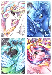 Size: 487x700 | Tagged: safe, artist:dizziness, princess cadance, princess celestia, princess luna, queen chrysalis, alicorn, changeling, changeling queen, pony, bust, female, portrait, profile, traditional art