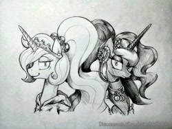 Size: 1000x750 | Tagged: safe, artist:discommunicator, princess celestia, princess luna, alicorn, pony, monochrome, ponytail, traditional art