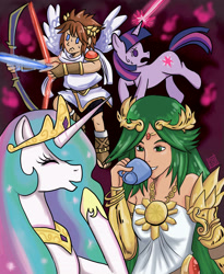 Size: 3150x3850 | Tagged: safe, artist:pikafaa, princess celestia, twilight sparkle, alicorn, angel, human, unicorn, crossover, goddess, goddess of light, high res, humanized, kid icarus, kid icarus: uprising, palutena, pit (kid icarus), trollestia, winged humanization, wings