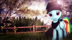 Size: 4000x2250 | Tagged: safe, artist:redaceofspades, rainbow dash, pegasus, pony, 3d, bandage, fence, goggles, hood, lens flare, looking at you, poster, solo, source filmmaker, tree