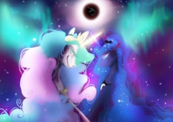 Size: 612x432 | Tagged: safe, artist:geckofly, princess celestia, princess luna, alicorn, pony, eclipse, glow