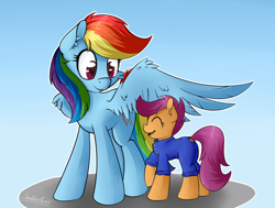 Size: 1856x1405 | Tagged: safe, artist:sentireaeris, rainbow dash, scootaloo, pegasus, pony, cheek fluff, clothes, cute, cutealoo, ear fluff, eyes closed, open mouth, overalls, raised hoof, scootalove, signature, wing fluff