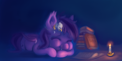 Size: 2000x998 | Tagged: safe, artist:lilfunkman, oc, oc only, oc:der, oc:inky, bat pony, griffon, pony, book, candle, eyes closed, fangs, micro, sleeping, snuggling