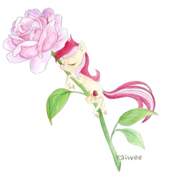 Size: 1936x2019 | Tagged: safe, artist:raiwee, roseluck, eyes closed, flower, hug, micro, rose, simple background, solo, traditional art