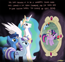 Size: 1000x954 | Tagged: safe, artist:willdrawforfood1, apple bloom, night light, princess celestia, rainbow dash, spike, twilight sparkle, twilight velvet, alicorn, dragon, pegasus, pony, female, husband and wife, magic mirror, male, mirror, nightvelvet, smiling, spike's family, spread wings, watching