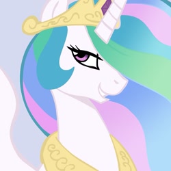 Size: 945x945 | Tagged: dead source, safe, artist:166, artist:megasweet, princess celestia, alicorn, pony, bust, female, grin, lidded eyes, mare, portrait, reaction image, smiling, smug, solo