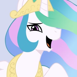 Size: 945x945 | Tagged: safe, artist:166, artist:megasweet, princess celestia, alicorn, pony, hair over one eye, laughing, looking at you, open mouth, reaction image, smiling, solo, trollestia